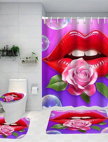  4-delig Douchegordijn Set Valentijnsdag Badkamer Decor Moderne Thuis Badkamer Decor met Badmat U-vormige Mat Toiletdeksel en 12 Haken