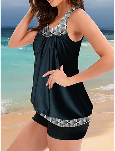  Damen Badeanzug Tankini 2 Stück Junge Bein Bademode Rückenfrei Hohe Taillenlinie Urlaub Strandbekleidung Geometrisch U-Ausschnitt Ärmellos Badeanzüge