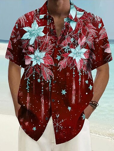  Herren Blumen Hawaiihemd Sommerhemd Knopfhemd Kurzarm Hawaiianisch Resort Urlaub Festtage Strandbekleidung Sommer Frühling Umlegekragen 3D-Druck Hemden mit Kragen Wein Blau Grün