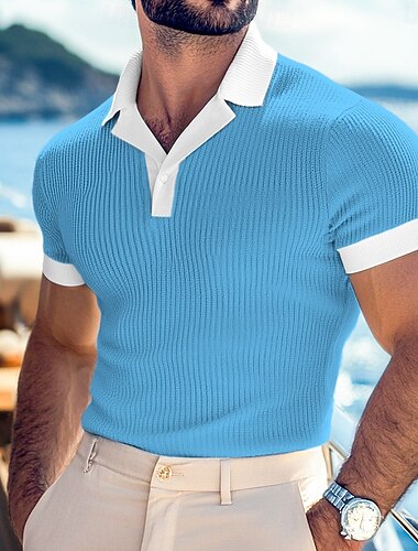Herren Muskelshirt Golfshirt Arbeit Lässig Kubanisches Halsband Gerippter Polokragen Kurzarm Urlaub Basic Farbblock Gerippt Frühling & Sommer Schmale Passform Gelb Marineblau Grün Leicht Blau   Herren Muskelshirt Golfshirt Arbeit Lässig Kubanisches Halsband Gerippter Polokragen Kurzarm Urlaub Basic Farbblock Gerippt Frühling & Sommer Schmale Passform Gelb Marineblau Grün Leicht Blau