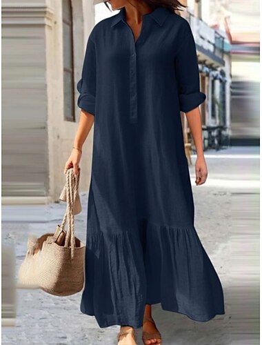  Damen Maxikleid Baumwoll-Leinen-Kleider Hemdblusenkleid Freizeitkleid Basic Lässig Urlaub Täglich Normale Passform Einfach Langarm V Ausschnitt Rosa Grün Khaki Dunkelblau Sommer Frühling