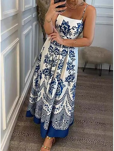  Femme Robe Maxi Robe casual Robe Trapèze Elégant Bohême mode Vacances du quotidien Plage Standard Floral Sans Manches A Bretelles Bleu clair Eté Printemps