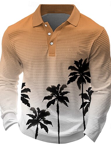  Kentucky Derby Herren Tropische Blumen Waffel-Poloshirts Langarm Polo-Shirts Hemden mit Kragen Lässig Resort Hawaiianisch Knöpfe Rote Blau Orange