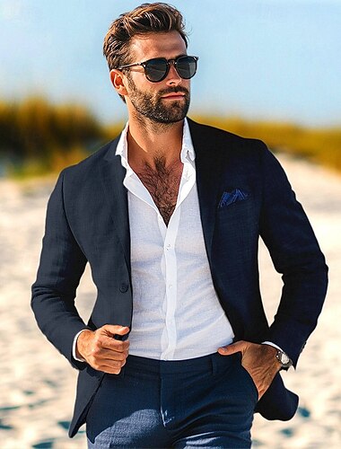  Herren Leinen Blazer Jacke Sportjacke Mode Lässig Sommer Einfarbig Blazer Staubblau Hellgrau Dunkelblau Maßgeschneidert Einreiher Ein Knopf