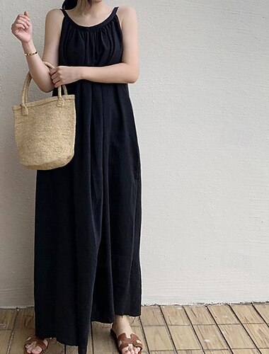  Femmes Robe Longue Maxi Robe Robes inspirées du lin Robe Décontractée Robe en coton et lin Robe Nuisette Élégant Occasionnel Vacances Quotidien Date Coupe régulière Uni Sans manches Col ras du cou