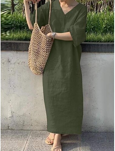  Femmes Robe maxi Robes en coton et lin Robe Décontractée Basique Occasionnel Vacances Quotidien Coupe régulière Uni Manche 3/4 Col en V Rouge Kaki Vert Véronèse Bleu de minuit Été