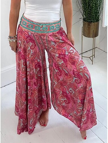  Damen Breites Bein Chinesisch Chino Urlaub Hawaiianisch In voller Länge Hoher Taillenbund Paisley-Muster Elastischer Bund Print Bequem Weich Komfortabel Mikro-elastisch Outdoor Strasse Rote Grün