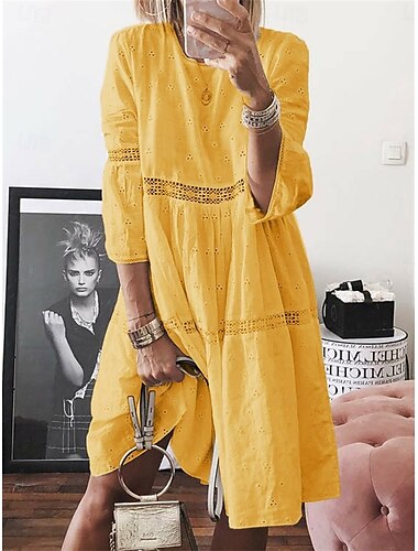  Damen Langes Kleid Maxikleid Baumwoll-Leinen-Kleider Freizeitkleid Elegant Stilvoll Basic Urlaub Täglich Lässiger Schnitt Einfach Dreiviertelarm Rundhalsausschnitt Weiß Gelb Blau Purpur Sommer