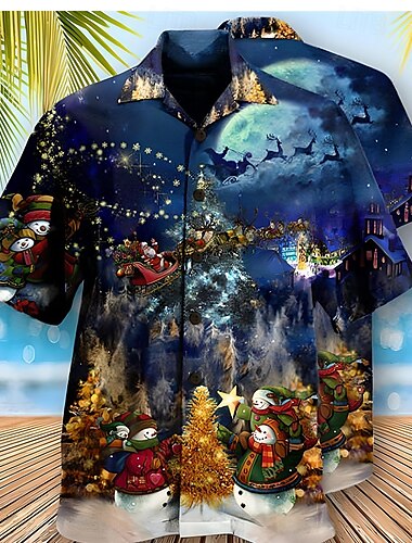  Camisas navideñas con estampado de escena navideña para hombre, camisas con gráfico de Papá Noel, camisas casuales de calle, manga corta, 3D, con botones, ropa de moda