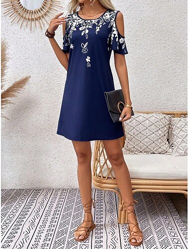  Mujer Mini vestido Vestido informal Vestido de Tanque Elegante Casual Vacaciones Diario Ajuste regular Floral Manga Corta Cuello Barco Azul Oscuro Verano