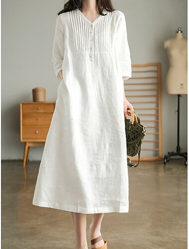  Damskie Sukienka midi Pamuk Karışımı Sukienka koszulowa Codzienne sukienki Sukienka rozkloszowana Podstawowy Codzienny Codzienny Urlop Regularny Równina Rękaw 3/4 W serek Biały Pomarańczowy Lato