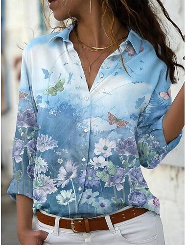  Mujer Camisa Blusa Botones Estampado Floral Elegante Casual Manga Larga Cuello Camisero Tops regulares Diario Azul Piscina Rosa Morado Naranja Verano Primavera