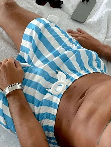  Herr Randig Geometriska mönster Badshorts Boardshorts Medium Midja Streetwear Hawaiisk Ledigt Helgdag Strandsemester Ficka Snörning Elastisk midja Designer Kläder