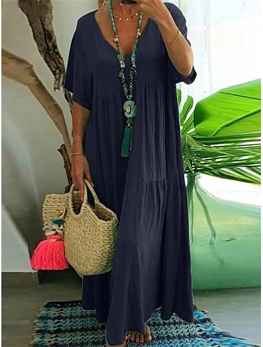  Pentru femei Rochie Maxi Rochii de in bumbac Rochie casual De Bază Casual Vacanță Zilnic Potrivire Largă Simplu Manșon scurt În V Portocaliu Trifoi Kaki Albastru Închis Vară Primăvară