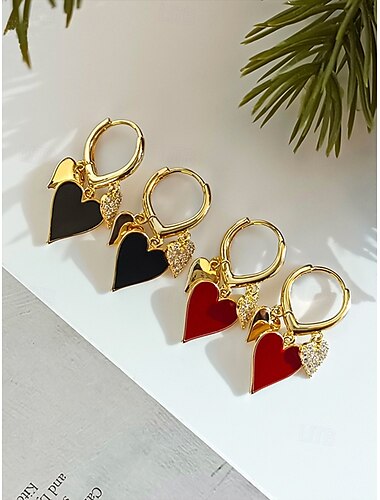  Boucles d'oreilles pendantes en forme de cœur rouge et doré avec détails en strass – bijoux romantiques pour femmes, parfaits pour la Saint-Valentin ou les soirées en amoureux