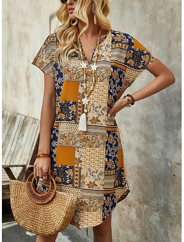  Naisten Mini mekko Vintage mekko Boho-mekko Böömi Vintage Tyylikäs Loma Päivittäin Loose Fit Kukka Lyhythihainen V kaula-aukko Keltainen Kesä