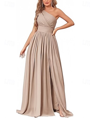  A-Linie Brautjungfernkleid Ein-Schulter Ärmellos Elegant Bodenlang Chiffon mit Falten / Geteilter Vorderteil / Raffung 2022
