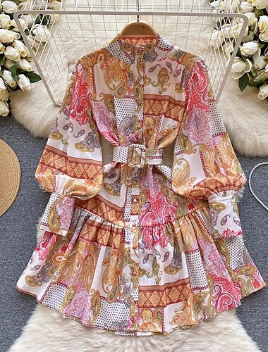  New Year Women's EU / US Size Mini Dress Petite Dress Boho Dress Spring Dress Vintage Bishop Sleeve Party Date Form Fit Floral Long Sleeve Crew Neck Yellow Spring