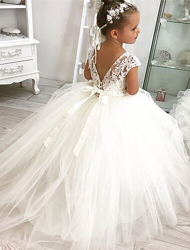 Vestido de Niña Florista niños Chica vestido de princesa Rendimiento Boda Fiesta Elegante Hermosa Malla Color sólido Sin Mangas Cuello Barco Blanco 4 años +
