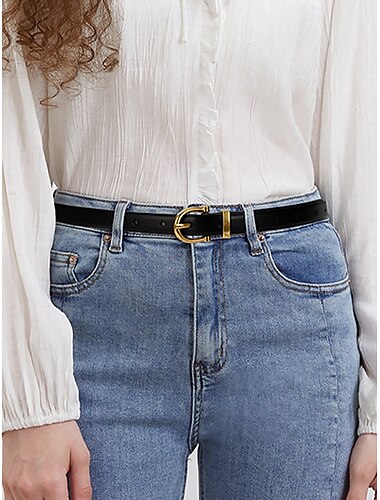  Cinturón de cuero para mujer: corte ajustado, hebilla dorada clásica, ajustable, perfecto para uso informal y de negocios.