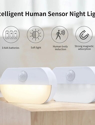  Luz de noche LED con sensor de movimiento, inalámbrica, funciona con pilas AAA, lámpara de noche para dormitorio, escalera, armario, armario, pasillo, cocina, luces 2/4 piezas