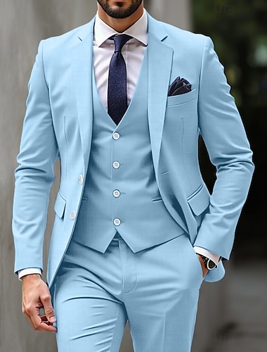  Trajes casuales para bodas para hombres Azul Cielo Negocios Formal Color Sólido Ajuste Estándar 3 Piezas Con Dos Botones