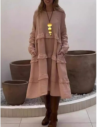  Dames Halflange jurk Linnen-geïnspireerde jurken Casual jurk Katoenen linnen jurk Katoenen jurk Basic Casual Vakantie Dagelijks Normale pasvorm Effen Lange mouw Strakke ronde hals Blozend Roze Groen
