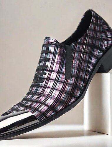  Kariertes Leder-Schnür-Oxford-Schuhe für Männer – 100% hochwertiges Cowhide mit goldener Spitzen-glänzender Zehenkappe für formelle Anlässe und Business-Bekleidung