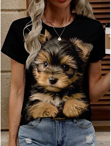  Femme T shirt Chien Décontractées Manche Courte Col Rond Hauts réguliers du quotidien Imprimer Noir Eté