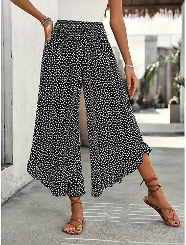  Dames Breed Been Chinese Modieus Streetwear Volledige lengte Hoge taille Stip Zak Elastische tailleband Afdrukken Comfortabel Zacht Micro-elastisch Buiten Straat Zwart Rood Groen Lente Herfst Normale