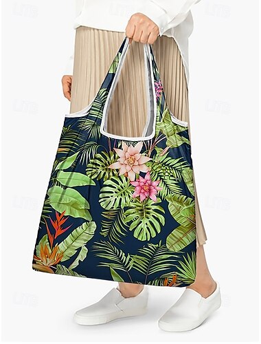  borsa della spesa pieghevole riutilizzabile con stampa tropicale – borsa ecologica di grande capacità per le donne, leggera e resistente per la spesa, i viaggi o l'uso in spiaggia blu verde