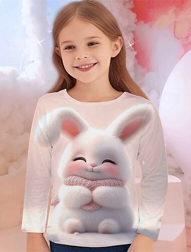  イースター 女の子 3D グラフィック 動物 バニー Tシャツ Ｔシャツ 長袖 春 秋 ファッション ベーシック 子供 4〜12年 クルーネック アウトドア カジュアル 日常 レギュラー