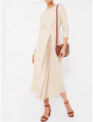  Damen Midikleid A Linie Kleid Elegant Stilvoll Basic Urlaub Party Arbeit Regular Fit Glatt 3/4 Ärmel V Ausschnitt Aprikose Frühling Herbst