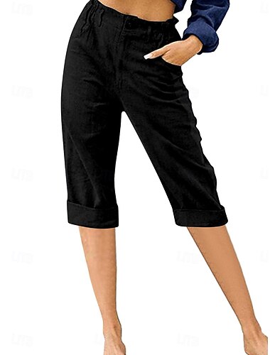  Mujer Pantalones cortos de lino y algodón Pantalones inspirados en el lino Pantalones de lino y algodón Moda Ropa de calle Medio corto Media cintura Plano Bolsillo Confortable Suave Cómodo