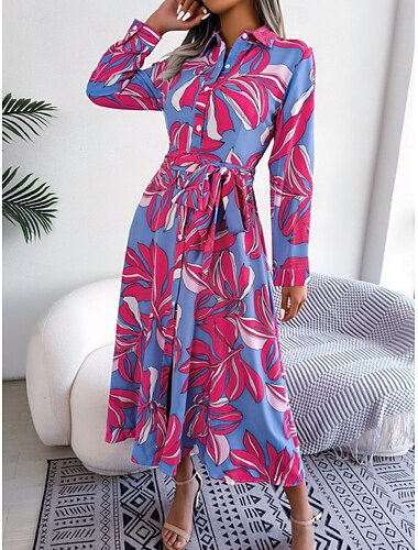  Pentru femei Rochii Midi Rochie casual Rochie A line Stilat Casual Vacanță Zilnic Fit regulat Floral Frunză Manșon Lung Guler Cămașă Fucsia Primăvară Toamnă