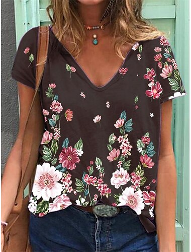  Damen T Shirt Blumen Stilvoll Basic Brautkleider schlicht Kurzarm Schmetterling V Ausschnitt Normale Oberteile Täglich Sport Ausgehen Bedruckt Schwarz Weiß Grün Grau Sommer Frühling