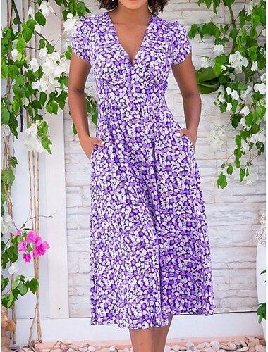  női munkaruha alkalmi ruha vonalas ruha elegáns irodai napi munkadivat midi ruha zseb v nyak rövid ujjú virágos szabályos szabás sárga piros kék nyári tavaszi s m l xl 2xl