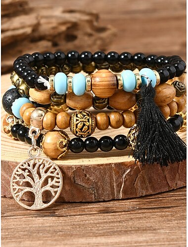  Estilo retro Bola Moda Personalizado Madera Pulsera pulsera Negro Para Festivos