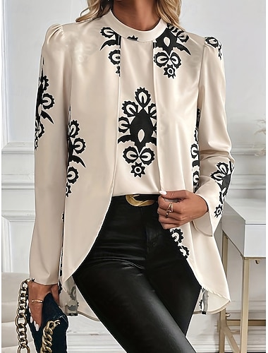  Dames Overhemd Blouse Grafisch Stijlvol Casual Lange mouw Strakke ronde hals Normale tops Dagelijks Afdrukken Wit Zomer Lente Herfst