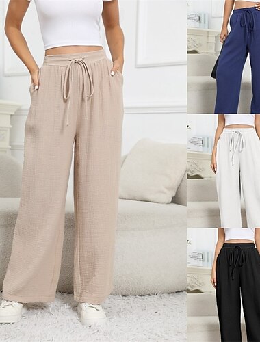  Women's Cotton Linen Pants Pants Trousers Lightweight Casual Full Length Mid Rise Plain Pocket Drawstring Breathability Comfortable Inelastic Casual Daily Weekend Dark Blue Summer Spring Regular Fit