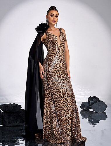  Meerjungfrau/Trompete Abendkleid Leopardenmuster elegantes Kleid Karneval formell bodenlang ärmellos V-Ausschnitt Polyester mit Schulterblume 2025