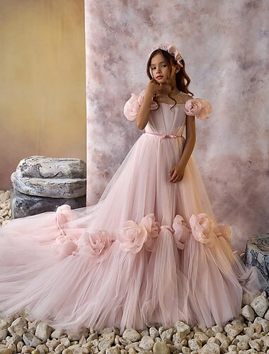  Blumenmädchenkleid Mädchen Erstkommunion Kleid Partykleid Hochzeit Party Prinzessin Süß Weihnachten Karnival Gerafft Einfarbig Trägerlos Rundhalsausschnitt Weiß Rosa Ab 4 Jahren