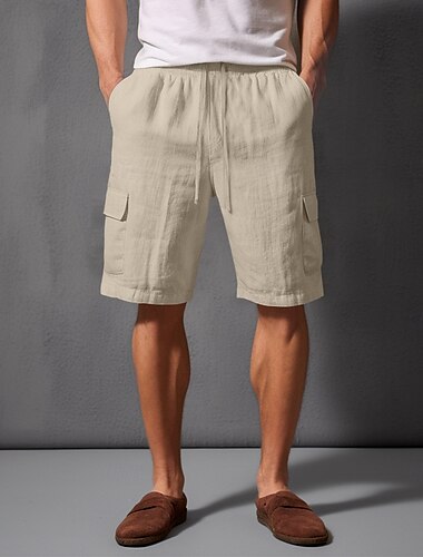  Per uomo Pantaloncini modello cargo Pantaloncini Pantaloncini di lino Pantaloncini estivi Pantaloncini da spiaggia A cordoncino Vita elastica Multi tasca Liscio Lunghezza del ginocchio Classico