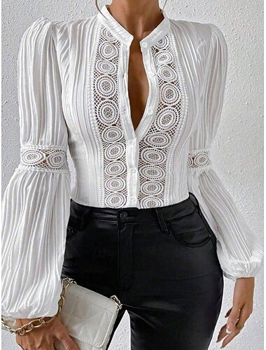  Dam Skjorta Boho skjorta Blus Spets Lappverk Knappar Ensfärgat Stylish Ledigt Långärmad Hög hals Vanliga toppar Dagligen Vit Beige Sommar Vår