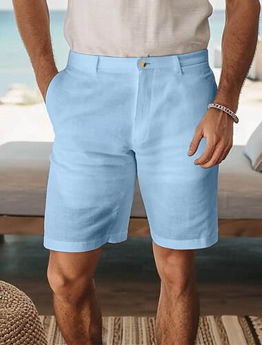  Men's Shorts Linen Shorts Dress Shorts Summer Shorts Beach Shorts Buttons Pocket Straight Leg Plain Comfort Breathable Knee Length Vacation Daily Holiday Fashion Smart Casual Black White