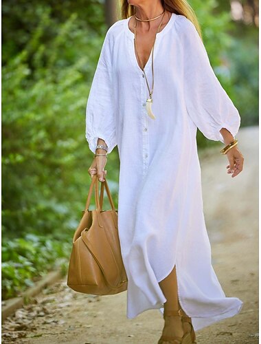  Damen Maxikleid Leinen-inspirierte Kleider Weißes Kleid Freizeitkleid Baumwoll-Leinenkleid Stilvoll Basic Lässig Laternenärmel Urlaub Heim Arbeit Lässiger Schnitt Einfach Langarm V Ausschnitt Wei