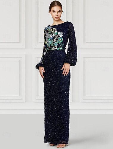  Schlauchkleid Abendkleid Elegant Kleid Formell Hochzeit Bodenlang Langarm Juwelenhals Paillettenbesetzt mit Glitzer Schlitz Stickerei 2025