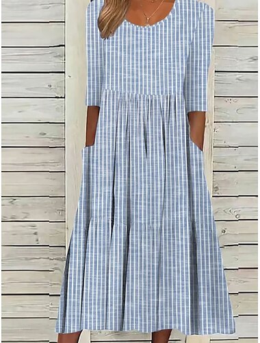  Dam Midiklänning Vardagsklänning A linjeklänning Elegant Stylish Ledigt Semester Dagligen Lös passning Rand Kortärmad Rund hals Grå Ljusblå Sommar Vår