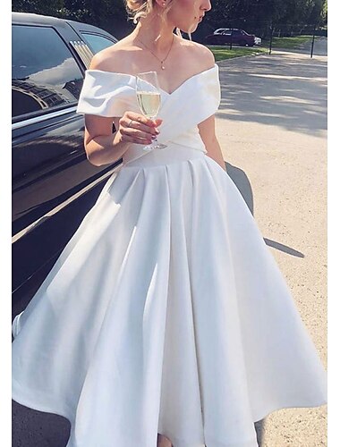  kleines weißes Kleid Brautparty Kleider Boho Hochzeitskleider Ballkleid Off Shoulder normale Träger tea Länge Jersey Brautanzüge Brautkleider mit Falten einfarbig 2025