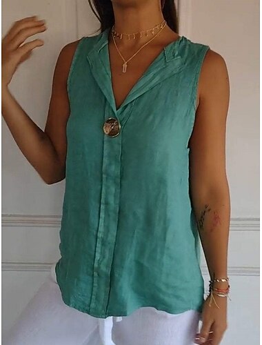  Dames Overhemd Katoenen linnen overhemden Blouse Knop Effen Kleur Stijlvol Casual Mouwloos V-hals Normale tops Dagelijks Wit Groen Zomer